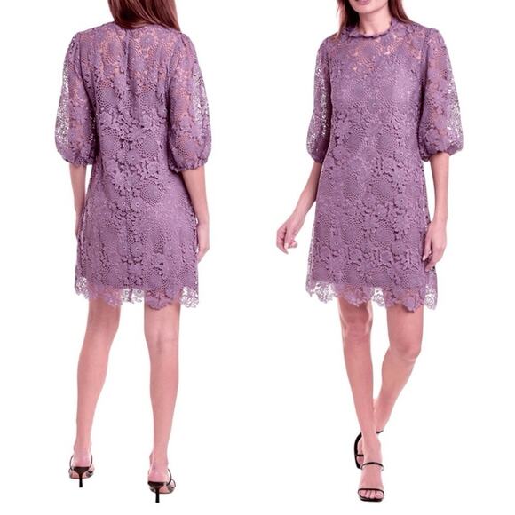Johnny Was Lorrie Purple Crochet Lace Mini Dress Puff Sleeves Size Medium - Picture 1 of 14